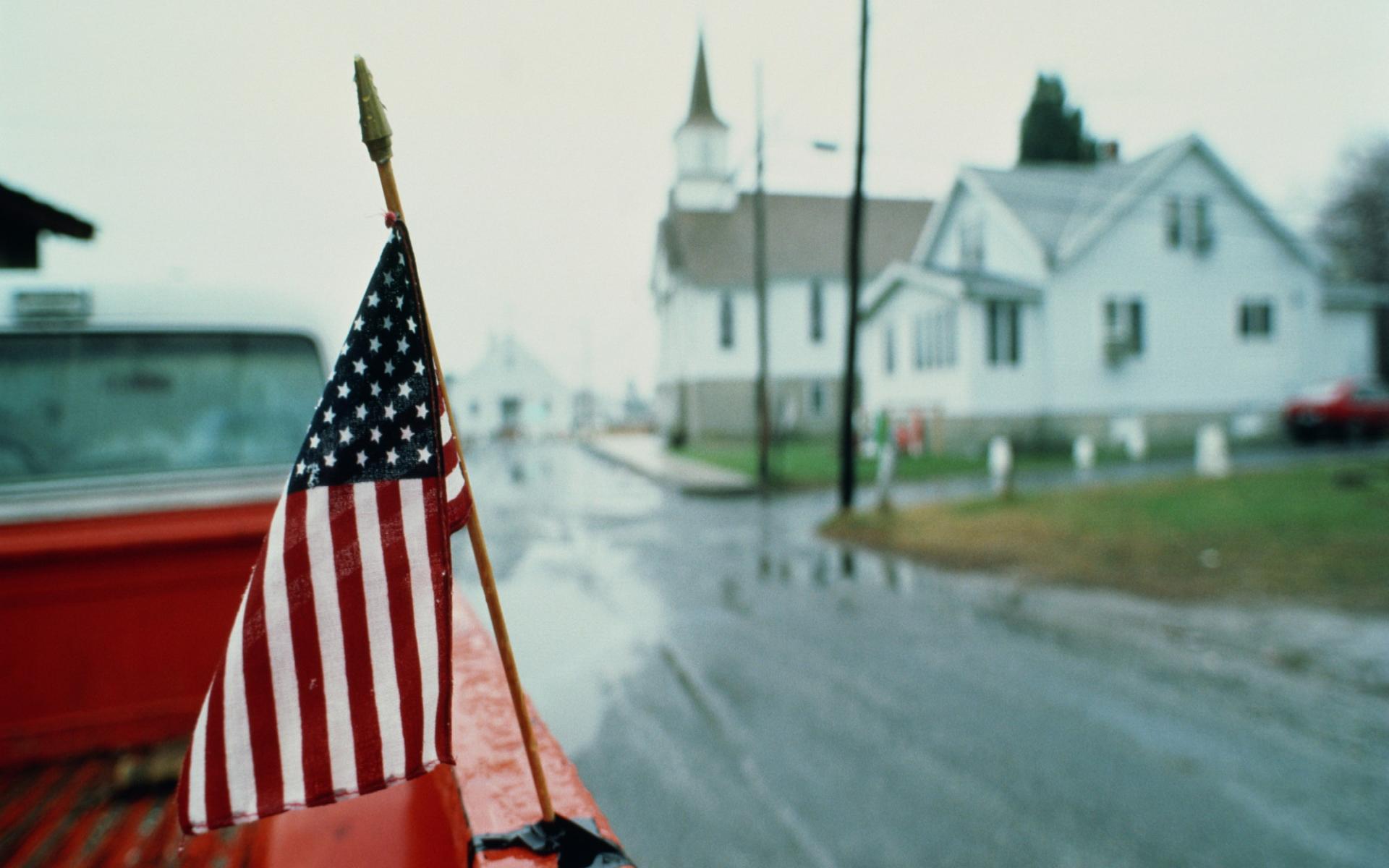 American flag on a street.