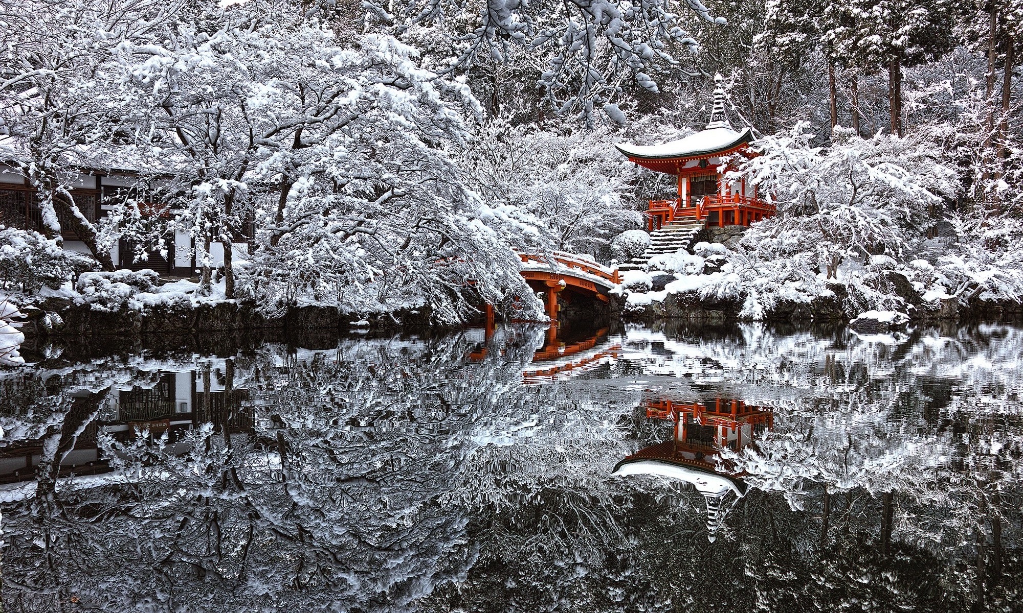 Japanese shrine in winter forest.