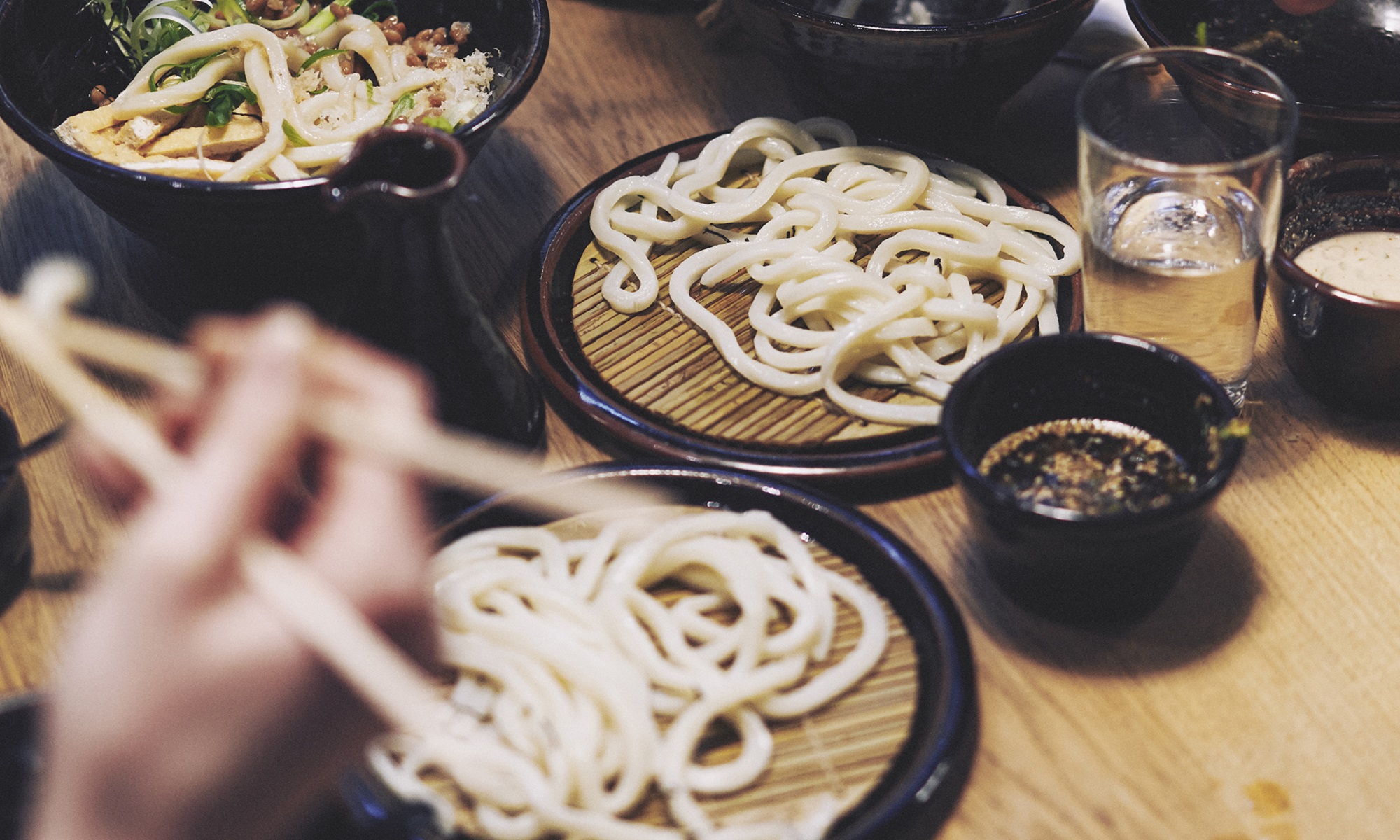Udon noodles in bowls.