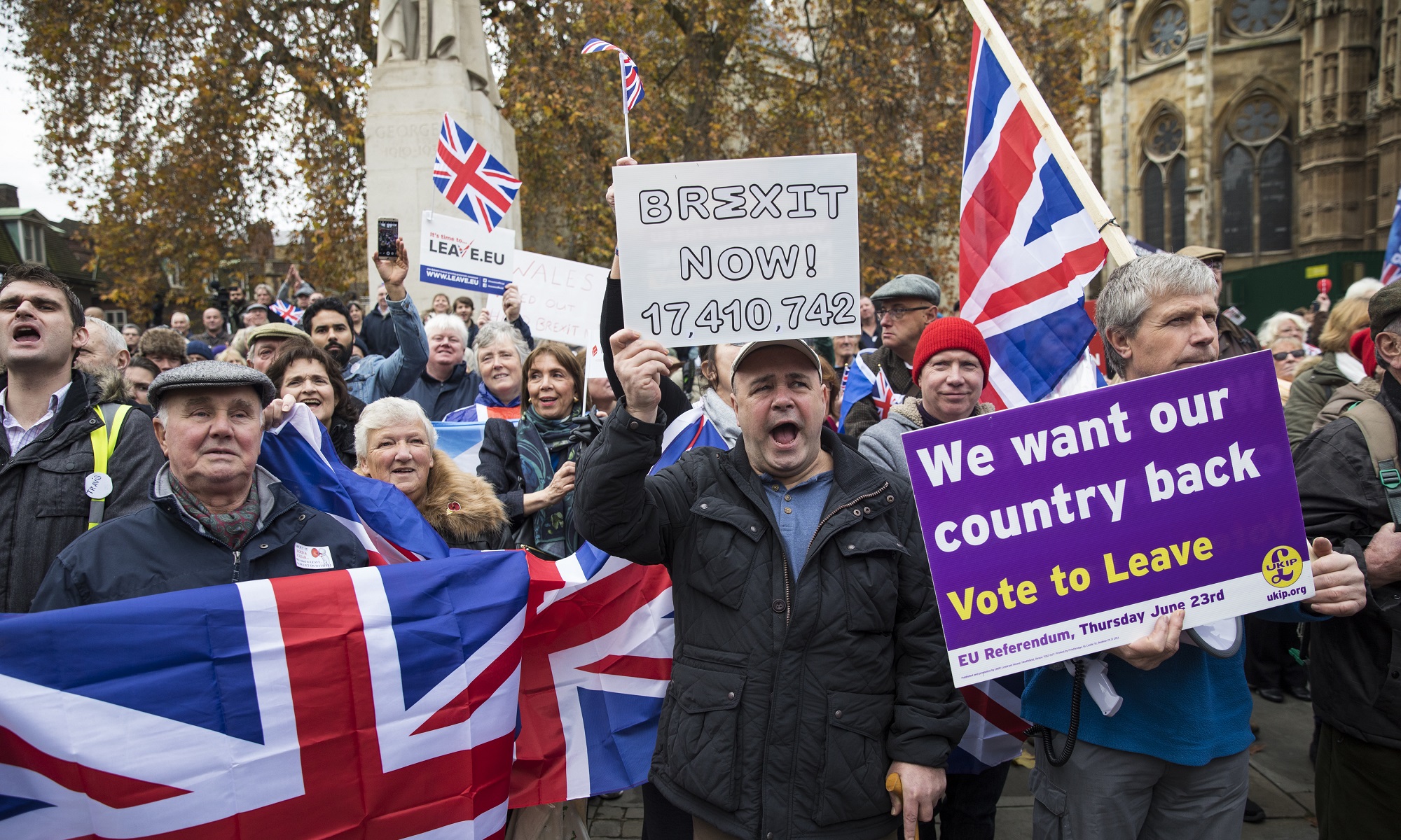 Crowd protesting for Brexit.