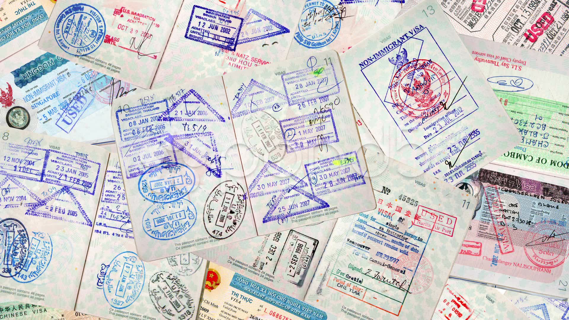Visa stamps in the passports.