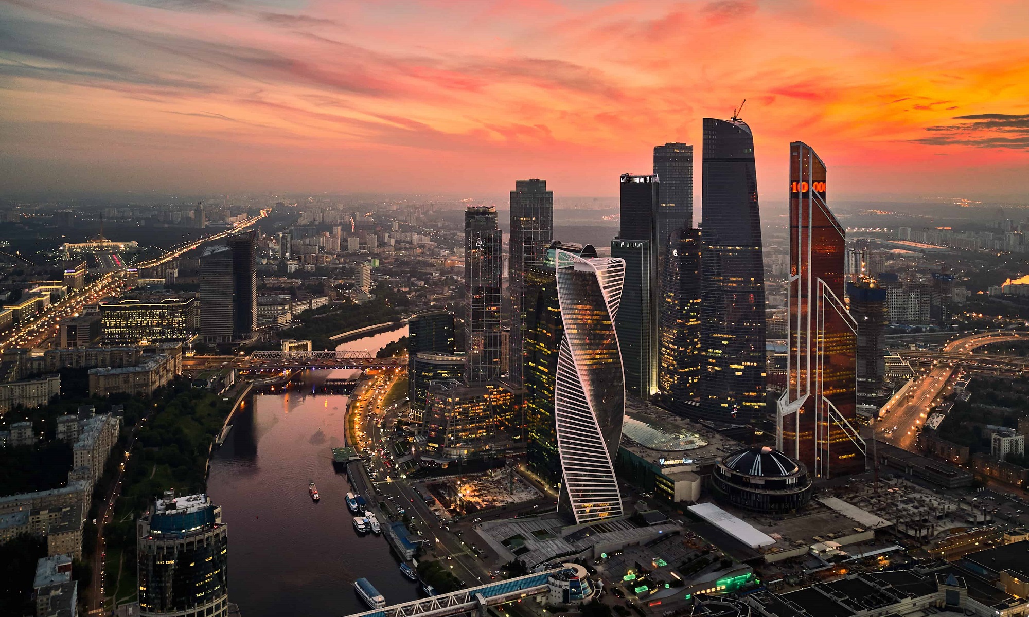 Aerial view over Moscow City on susnet