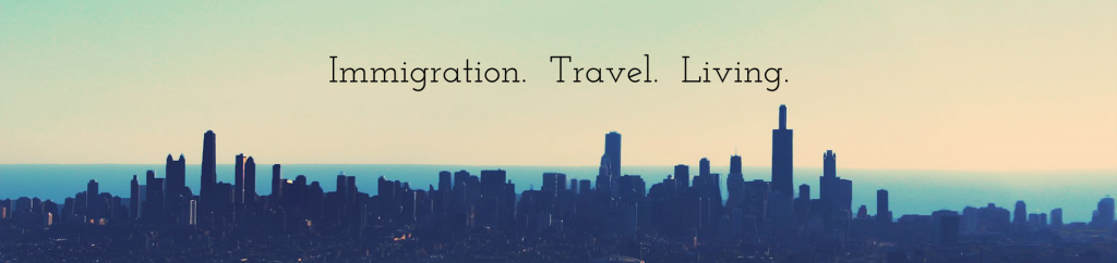 City skyline with text: immigration, tourism, living