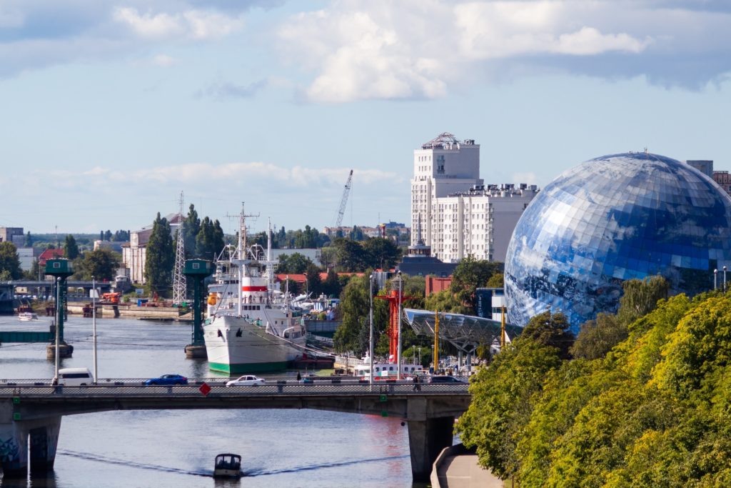 A picture showing a bridge, and probably a commercial centre in Kaliningrad