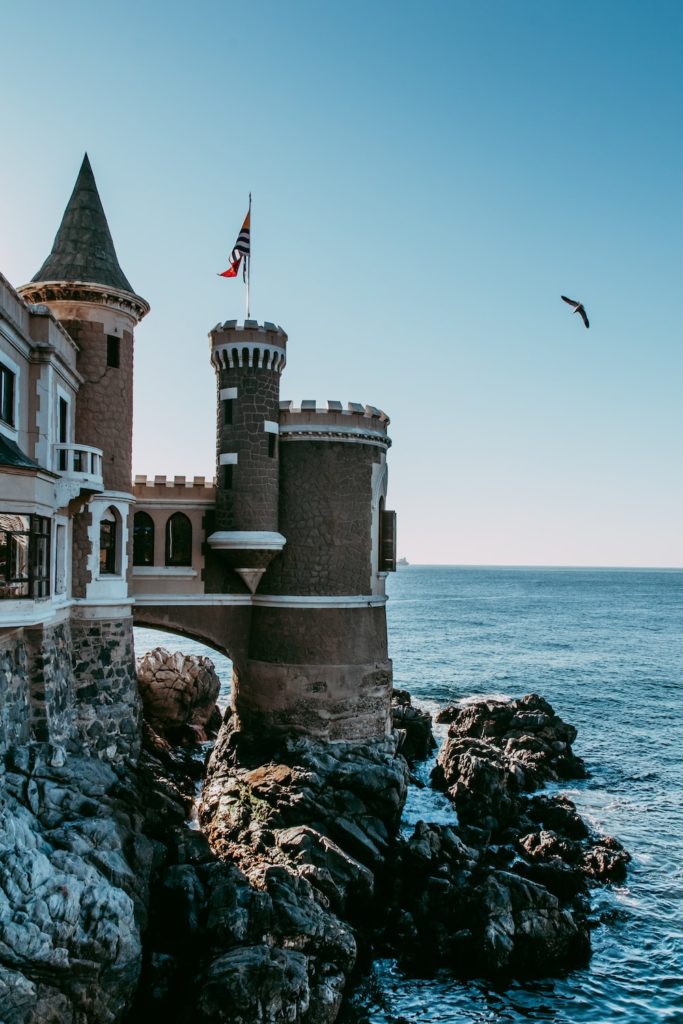 white and white castle close to the sea.
