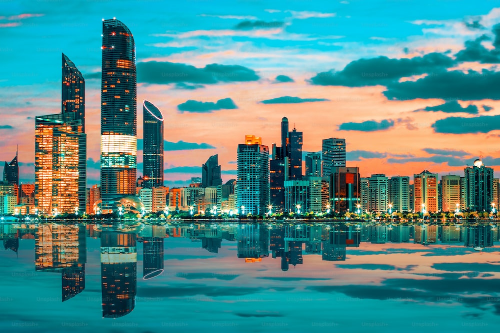 View of Abu Dhabi Skyline at sunset, United Arab Emirates