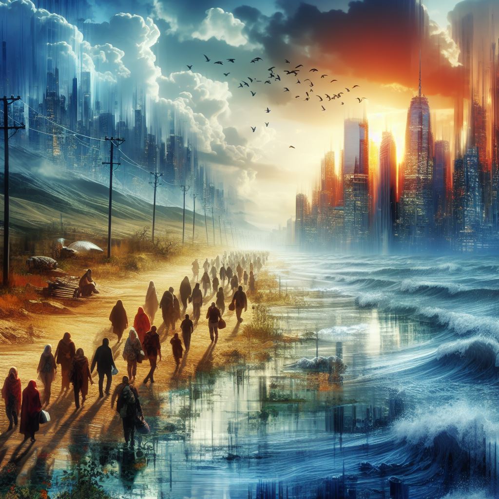 The image shows a dramatic and apocalyptic scene that serves as a depiction of climate change and migration