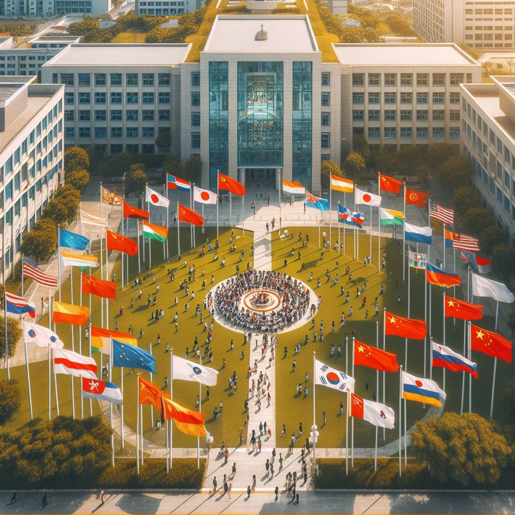 University building with flags of countries in Asia